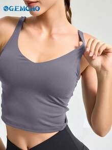 GEMCHO Sports Yoga Top Long Wirefree Padded Medium Support Women's Tank Top Spring/Summer - Purple - View 2