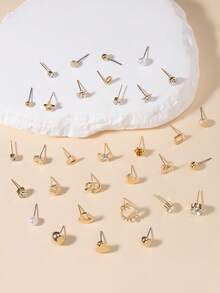 30 对/套时尚耳环系列，带有星星、水钻、花朵、领结、心形、正方形、几何、仿珍珠设计，适合女士的多功能休闲首饰礼品套装 - 金黃色 - 查看 2