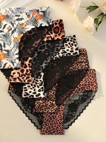 5 piezas de bragas para mujer con estampado de leopardo y encaje, ropa interior cómoda, transpirable y de ajuste ceñido, adecuada para todas las estaciones y uso diario