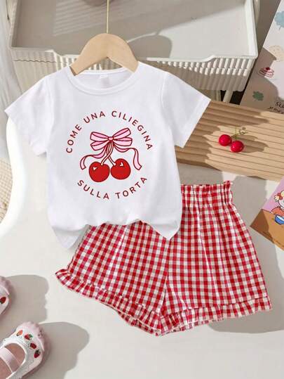 2pcs/Set Girls Cute Sweet Cherry Bow Pattern Outfit, Soft T-Shirt Paired With Plaid Shorts, Summer 2 Pieces Shorts Set