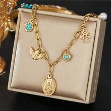 1 Pc Vintage Oval Portrait Pendant Necklace Chain, Versatile Turquoise Water Drop Faux Pearl Angel Clavicle Chain Jewelry