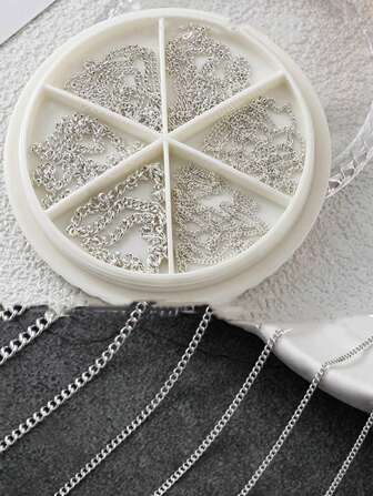 6Pcs Mixed Metallic Chain Nail Art Decorations Set, Gun Black & Grey, Nail Jewelry, Ins Style Accessories Nail Supplies Nails Nail Charms Nail Gems