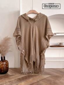 1pc Women's Solid Color Hooded Button Poncho, 75cm X 80cm Small Size, Bohemian Style Shawl Wrap, Knitted Pullover Cape For Casual Wear, Autumn/Winter - Dark Khaki - View 5
