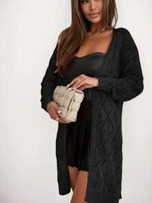 Plus Size Women Open Knit Hollow Out Long Sleeve Cardigan, Casual Fashionable Daily Wear, Spring/Summer