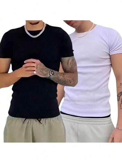 Kit 2 Camiseta Canelada Masculina Slim Fit Estilo Americano Caimento Justo ao Corpo Preto e Branco Básico Premium Algodão Casual Streetwear Primavera Verão