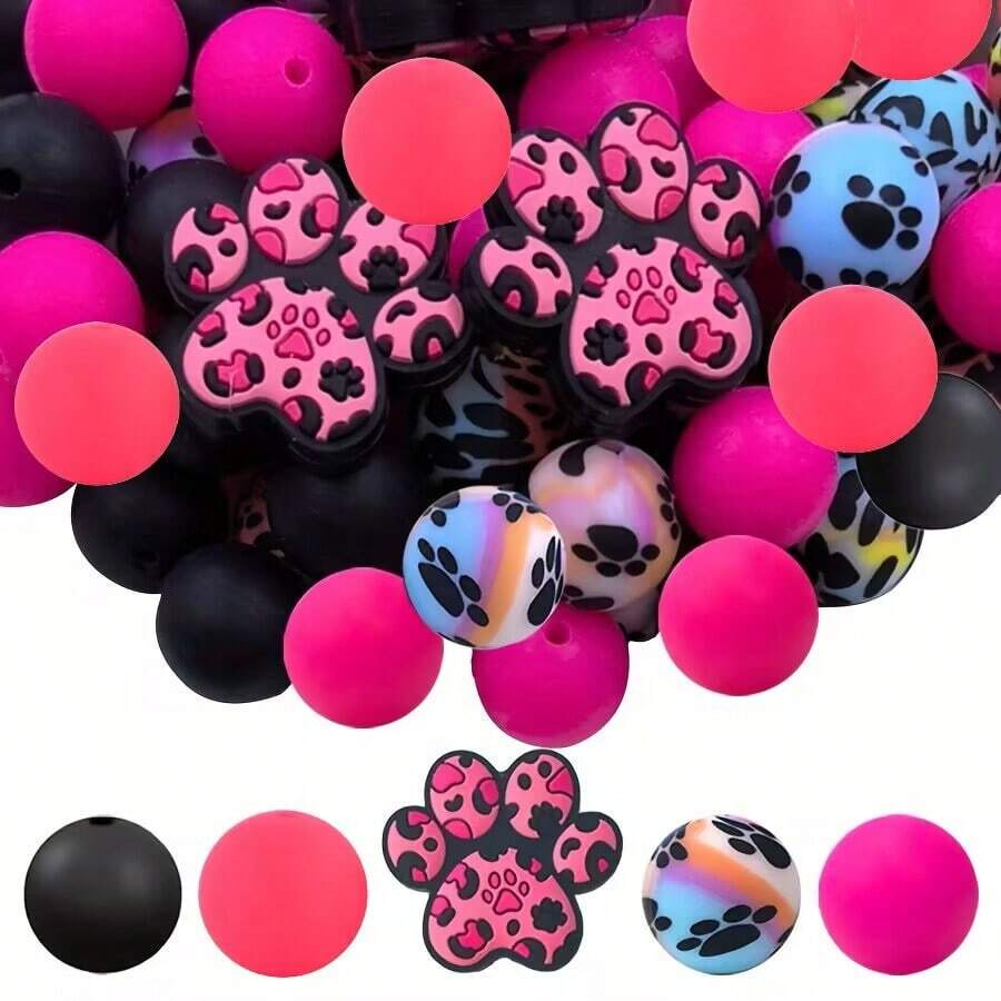 25颗狗爪硅胶珠套装，粉色狗爪动物硅胶散珠，适用于串珠笔、DIY包包链、首饰、钥匙扣、手链、项链、挂绳制作 - 紫紅色 - 查看 1