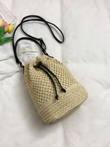 女士波西米亚风格度假抽绳草编桶形单肩包 - 米色 - 查看 7