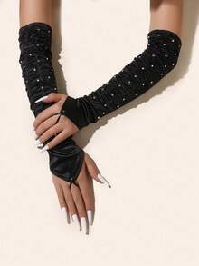 1 双袖长露指手套，带水钻，褶皱缎面晚礼服手套，适合舞会和派对，黑色