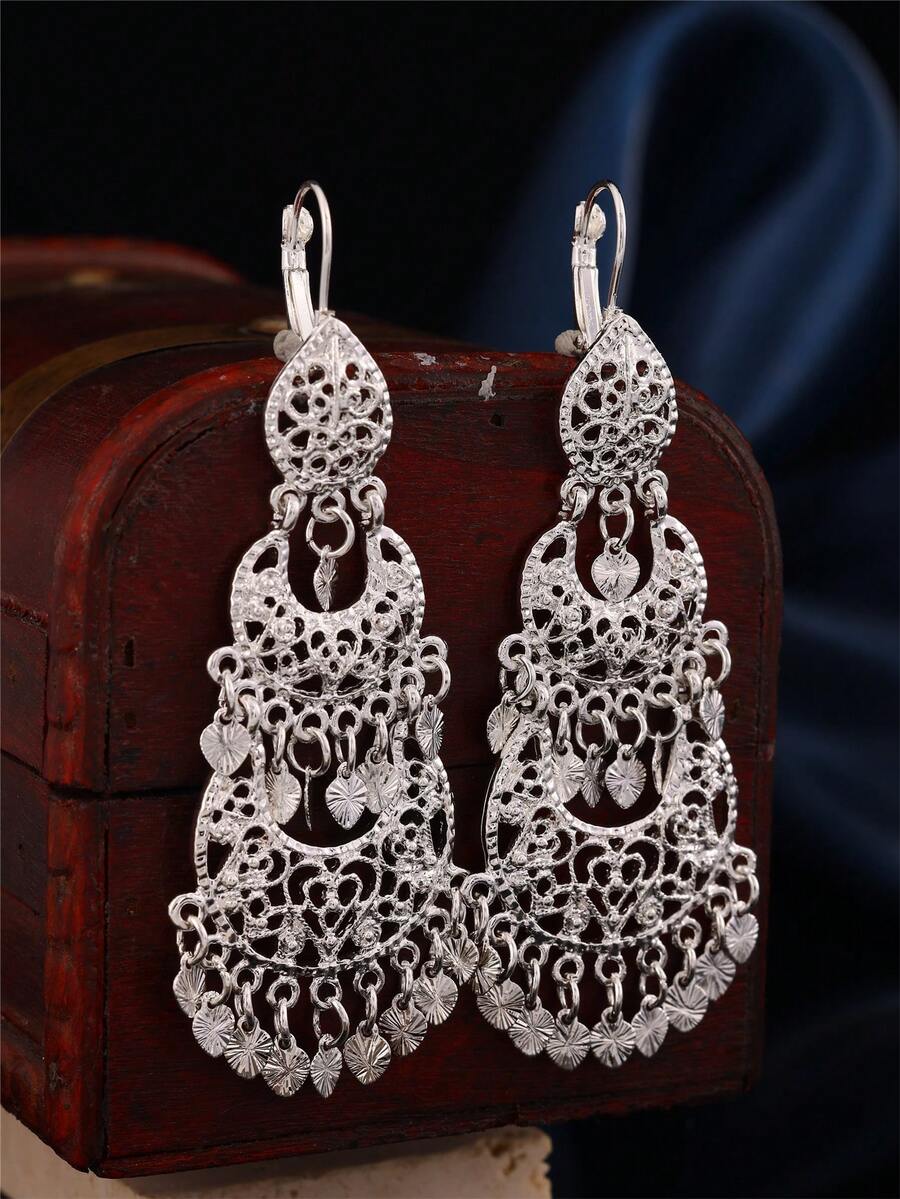 1 Pair Fashion Moroccan Earrings, Hollow Carved Moon & Heart Tassel Dangles For Arab Ladies, Daily, Wedding & Festivals