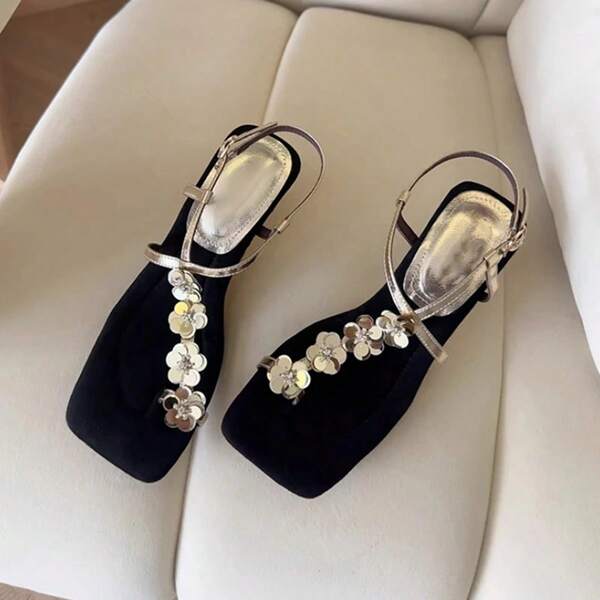 Women's New Wedge High Heel Shoes, Glitter Decor With Adjustable Laces, Thong High Heel Sandals, Fashionable Unique Shaped Heel Paired With Dresses, Multi-Functional Summer Outdoor Party Sandals