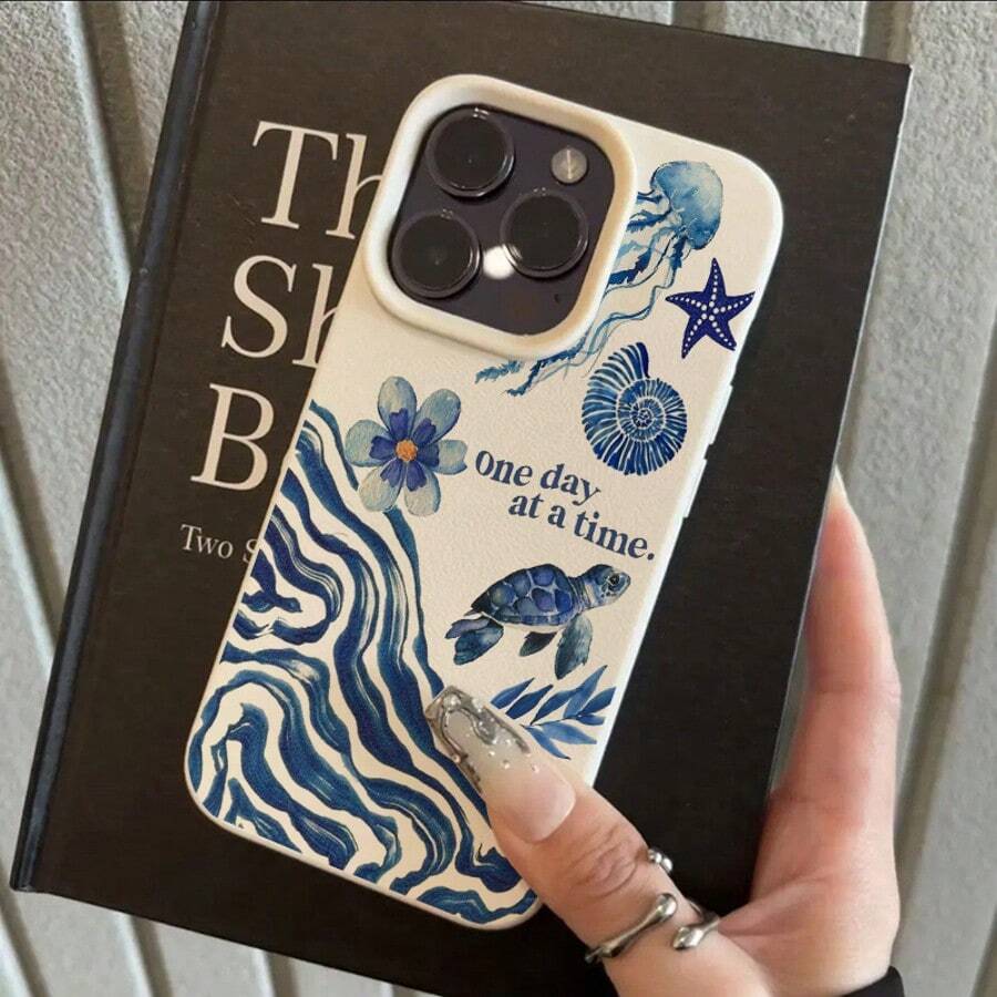 1 pieza Funda de teléfono con patrón de olas, medusas y tortugas marinas de estilo vintage, hecha de material TPU, compatible con teléfonos Applnmi, versión internacional, no la versión nacional - Blanco - Ver 1