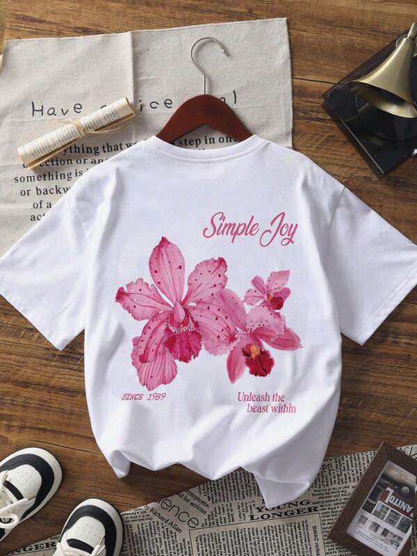 Neue, weiche und vielseitige Damen lässiges Rundhals-Loose Fit atmungsaktives T-Shirt mit grafischem Muster, Frühling/Sommer