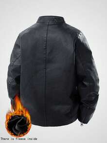 WASSUP OTHER 男士夹克，冬季保暖PU皮夹克，时尚圆领摩托车夹克，街头风夹克 - 黑色 - 查看 3