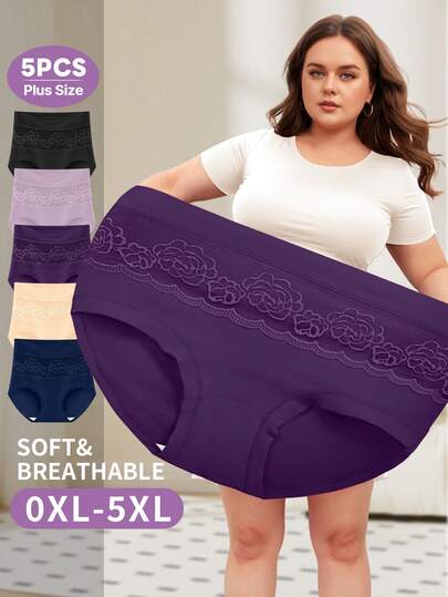 MIOTAN 5件装女士加大码蕾丝边透气柔软三角内裤