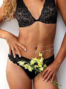 SHEIN BAE 1PC Minimalist Beach Bikini Body Chain Bellybutton Chain Adjustable Charm Fashion Jewelry Women's Sexy Waist Chain White K Beaded Waist Chain With Gold Crystal Belly Chain, Perfect Beach Party Body Jewelry Accessories For Women Boho Fall, Autumn, Halloween - Silver - View 2