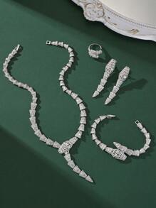 5pcs/Set Women's Fashion Jewelry Snake Shape Necklace Set. Copper Cubic Zirconia Sparkling Necklace, Earrings, Ring, Bracelet, 4-Piece Jewelry Set. Middle East Europe And American Bride Evening Party Wear. Mother's/Girlfriend's/Teacher's Luxury Gift For Eid