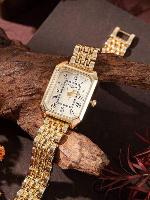 1pc/Set New Fashion Women Steel Band Square Roman Numeral Dial Quartz Watch, Suitable For Daily Wear, Gift For Friends, Girlfriend, Holiday Party Etc.