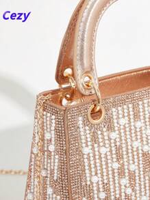 Cezy Nuevo bolso de mano de fiesta de alta gama en color champán, bolso de mano/hombro versátil con perlas, elegante regalo para la temporada de bodas y para la madre