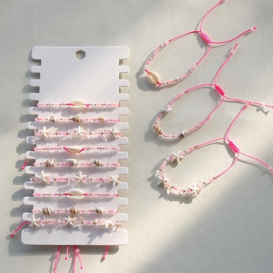 12pcs Set Cute Transparent Pink Beaded, Shell & Seashell Adjustable Bracelets, For Women Summer Beach Party - Pink - View 1