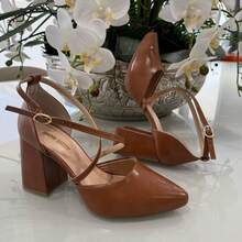 Women's Pumps Shoes Cross Straps High Heel 8 Cm Thick Shiny Elegant Original Show Show - 納帕焦糖 - 查看 4