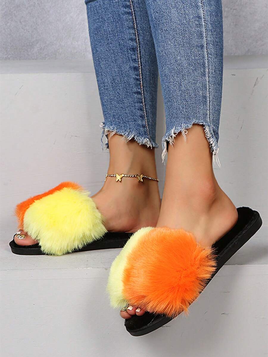 少女时尚彩色蓬松露趾家居拖鞋，舒适休闲拖鞋
