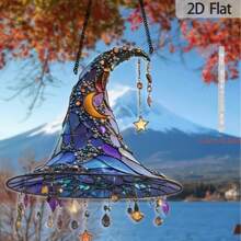 2D Flat Boho Style 2D Acrylic Witch Hat Wall Hanging - Colorful Stained Glass Look With Crescent Moon, Stars And Teardrop, Ideal For Home, Garden, Porch And Bedroom Party Decoration, Boho Home Decor Halloween Decor Fall Decor Room Decor