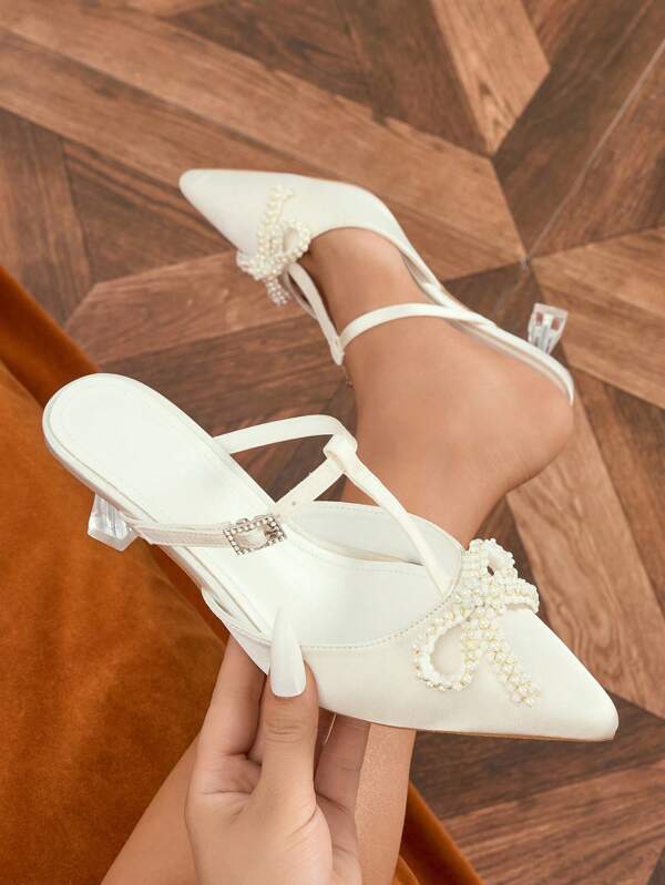 Women Polka Dot Bow High Heel Sandal - Pointed Toe Slip-On Party Shoe, Beige Hollow-Out Design, Fashionable & Comfortable, Suitable For Activities And Casual Outings, Casual High Heels | Unique Bow Design | Bow Decoration