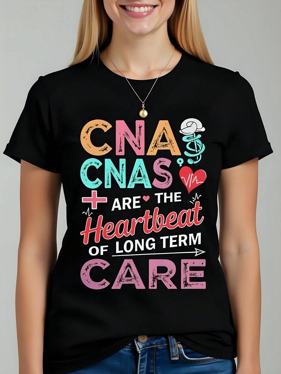 Camiseta 180g algodón manga corta cuello redondo estampado CNAs are the Heartbeat of Long Term Care moda sanitaria uniforme casual regalo original actual - Negro - Ver 1