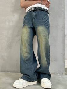 Men's Vintage Washed Loose Straight Leg Casual Jeans, Street Wear Everyday Versatile Denim Pants - Blue - View 6