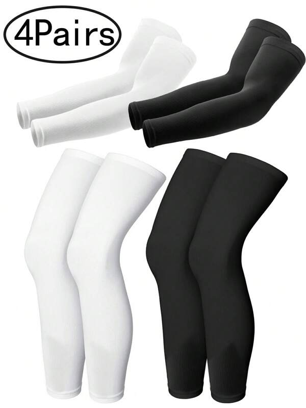 4Pairs Sun Protection Compression Full Length Arm Sleeves Leg Sleeves For Men Cooling Sleeves Football ,Golf ,Basketball Sleeves Cover Arms White Gloves