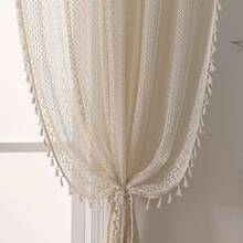 Boho Curtains 2 Panels,Lace Curtains 63 Inch Length Rod Pocket Semi Sheer Privacy Cute Tassel Crochet Cotton Drapes Vintage Rustic Farmhouse Curtain Panels For Bedroom Living Room Dining,Beige - 米色 - 查看 1