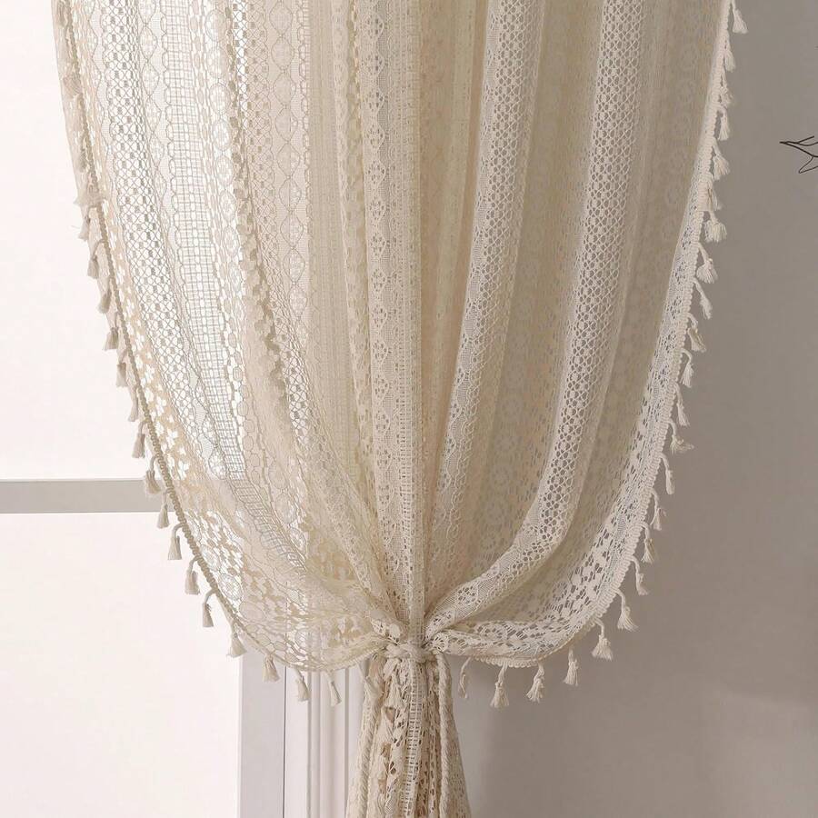 Boho Curtains 2 Panels,Lace Curtains 63 Inch Length Rod Pocket Semi Sheer Privacy Cute Tassel Crochet Cotton Drapes Vintage Rustic Farmhouse Curtain Panels For Bedroom Living Room Dining,Beige - 米色 - 查看 1