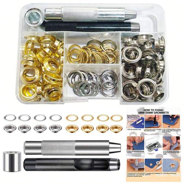 50 Conjuntos Dourados e 50 Conjuntos Prateados, 100 Peças Kit de Ilhós com Ferramentas de Fixação, Perfuradora e Caixa de Armazenamento para Lonas, Cortinas, Couro, Cintos, Roupas