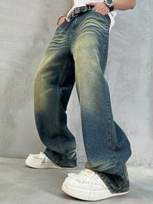 HEHCN 男士复古水洗宽松直筒阔腿牛仔裤，百搭 Y2K 美式街头风格牛仔裤，适合送给丈夫或男朋友