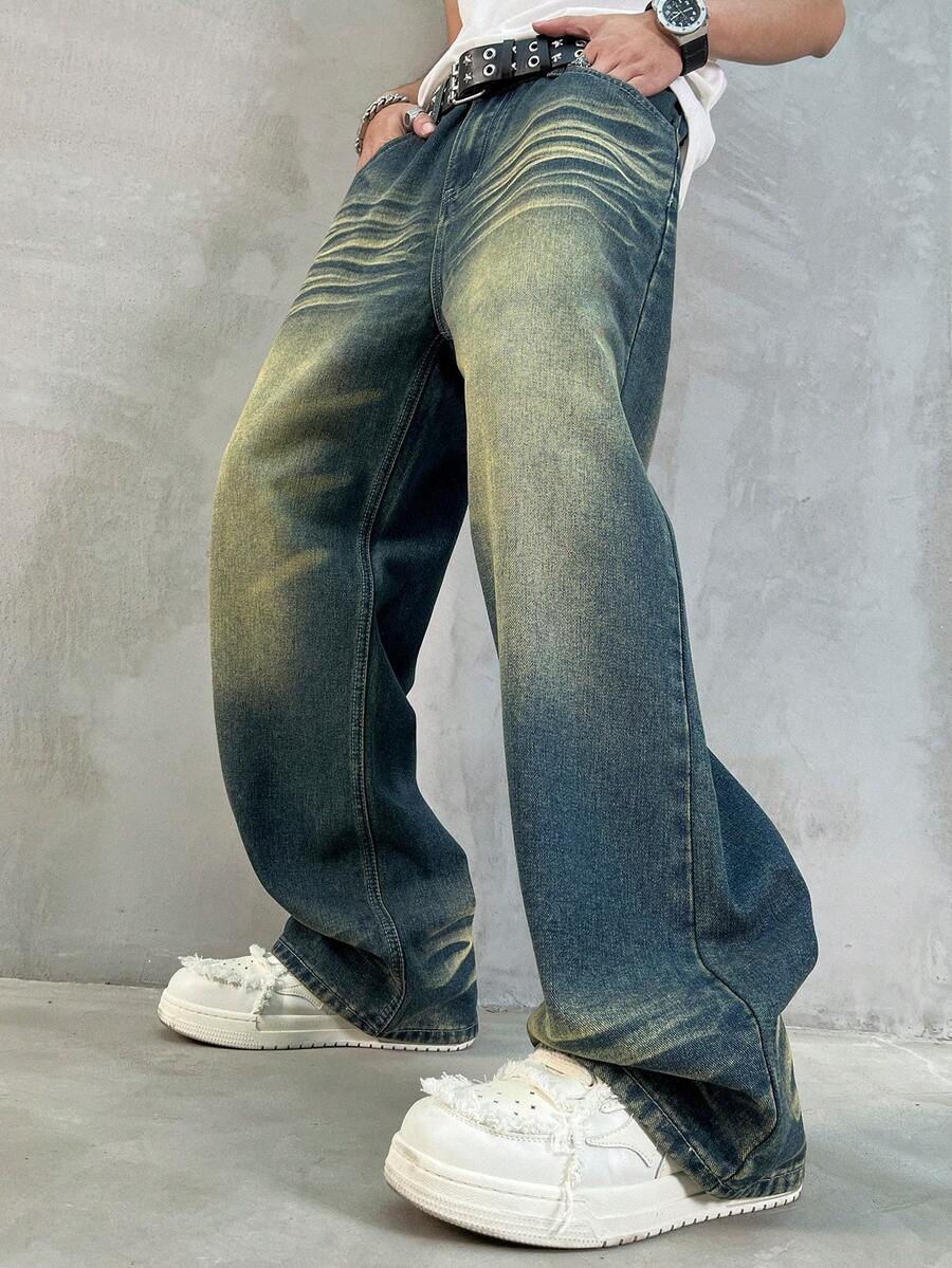 HEHCN 男士复古水洗宽松直筒阔腿牛仔裤，百搭 Y2K 美式街头风格牛仔裤，适合送给丈夫或男朋友