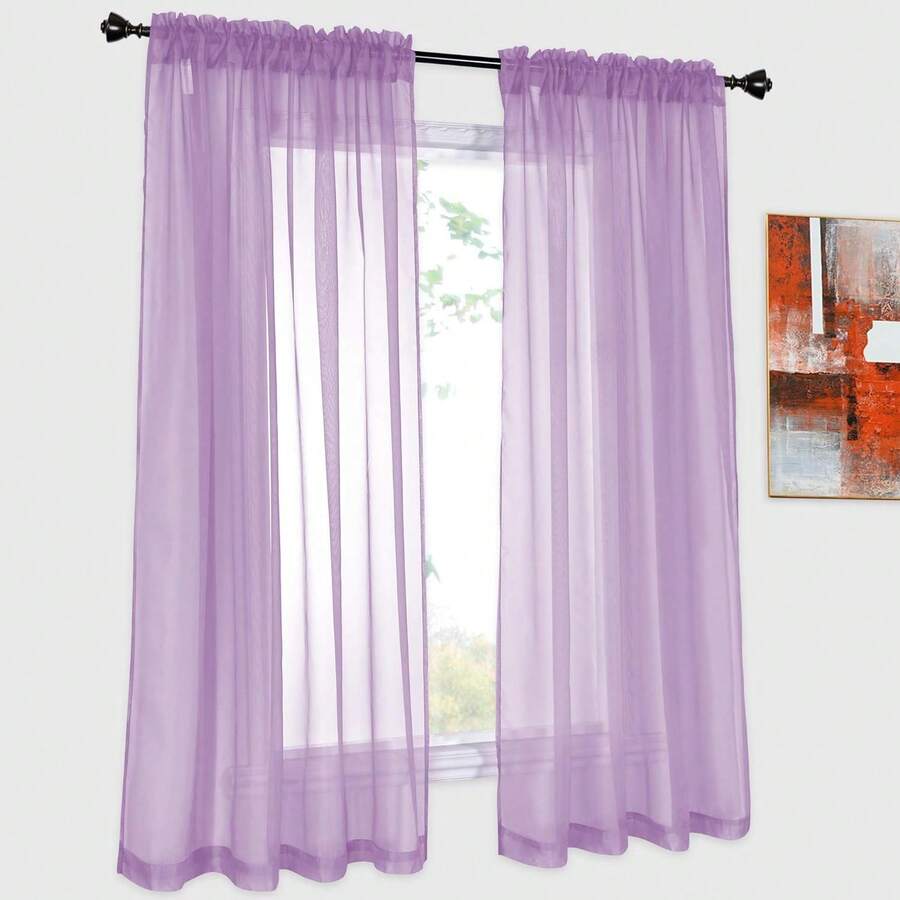 2 Panels Solid Color Lilac Purple Sheer Curtains Elegant Rod Pocket Window Voile Panels Drapes For Bedroom Living Room (52X54 Inches) - 紫丁香色 - 查看 1