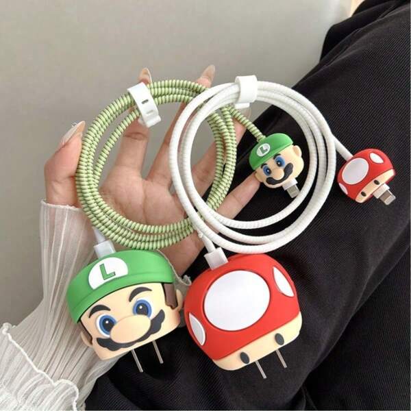SuperMario طقم شحن متوافق مع آيفون 13/14 برو ماكس 4 قطع مستوحى من ماريو - يشمل شاحن سريع 20 واط ، كابل بيانات وأغلفة واقية