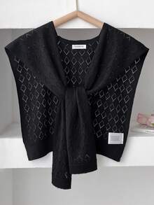 1 pieza Suéter sin mangas de mujer con cuello de chal de punto de unicolor minimalista con diseño hueco en forma de rombo, elegante y versátil abrigo exterior de hombro de moda - Multicolor - Ver 8