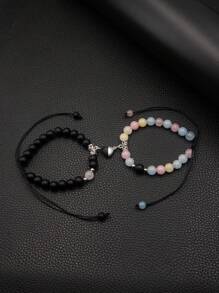 2pcs/Set Magnetic Heart Couple Bracelets, Bead Bracelet, Versatile Colors & Styles Suitable For Daily Wear, Parties, Great Gift For Boyfriend
