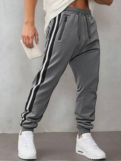 Men's Patchwork Ribbon Summer Sports Jogger Pants, Casual Zipper Pocket Slightly Stretchy Jogging Pants For Men, Suitable For Vacation, All Seasons, Fitness