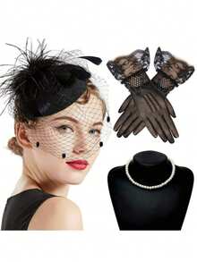 3pcs Classic Elegant Black Accessories Set: Bohemian Style, Harajuku Style, Gloves, Hair Clip, Pearl Necklace