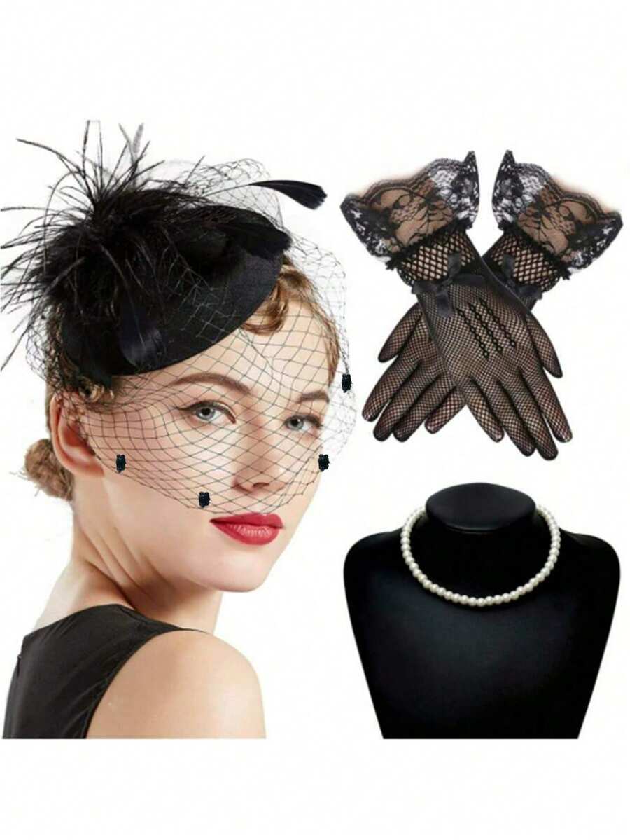 3pcs Classic Elegant Black Accessories Set: Bohemian Style, Harajuku Style, Gloves, Hair Clip, Pearl Necklace