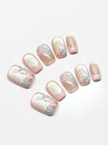 10 件精致温和的法式手绘花卉图案按压式指甲，多巴胺放大眼部高端优雅亚克力美甲 - 彩色 - 查看 2