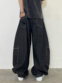 1件装休闲拼接男士宽松口袋做旧筒裤（不含腰带和配饰） - 黑色 - 查看 6