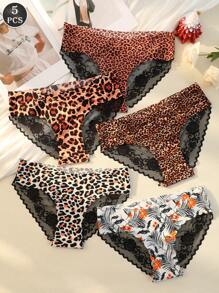 5 piezas de bragas para mujer con estampado de leopardo y encaje, ropa interior cómoda, transpirable y de ajuste ceñido, adecuada para todas las estaciones y uso diario