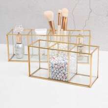 Premium Glass Makeup Brush Organizer With Gold Rim Cosmetic Brush Holder For Lipstick Eyeliners Waterproof Dustproof Storage Box