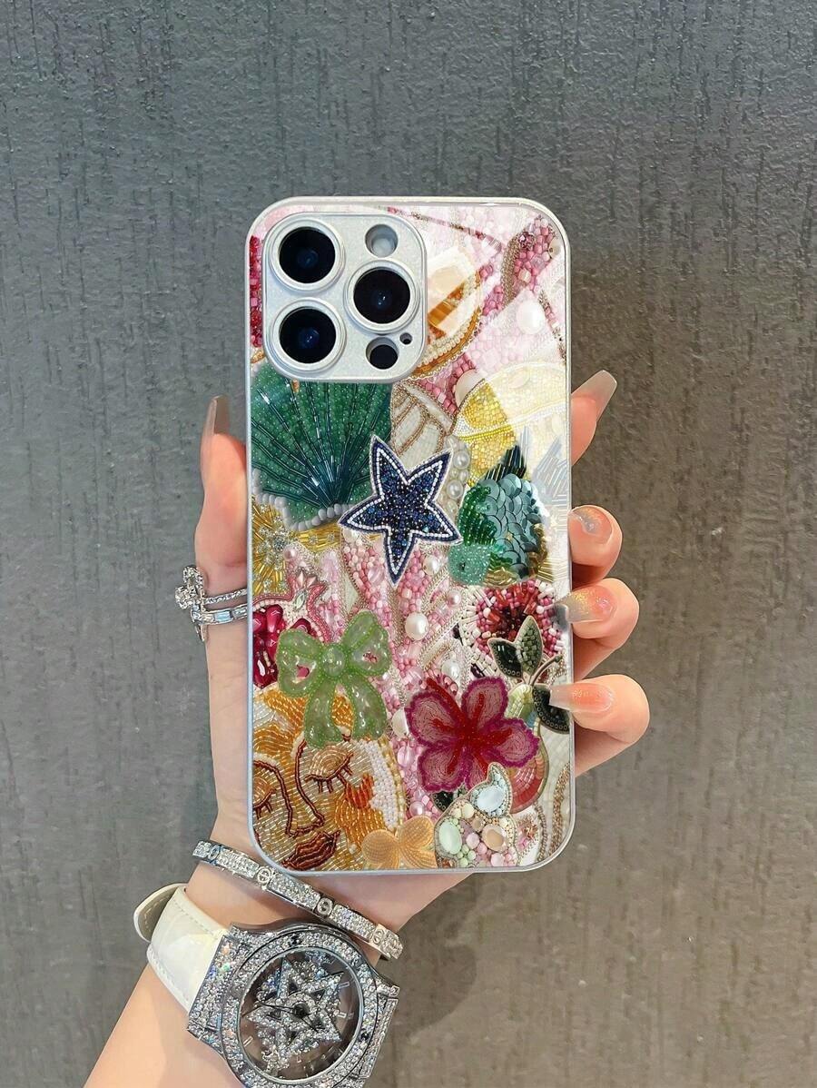 Funda para teléfono (1 unidad) de vidrio templado HD con diseño de conchas marinas, tiburón, perlas sintéticas y diamantes. Elegante y lujosa. Compatible con phone 16 Pro Max, 15, 14 Plus, 13, 12 y 11. - Multicolor 2 - Ver 1