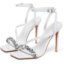 Women's Crystal Stilettos Heeled Sandals, 4 Inch Square Open Toe Strappy Sexy High Heels Ankle Strap Buckle Heels For Party Wedding Dress Daily Wear Shoes - Black Rhinestone - View 8