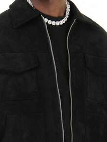 MT99 复古高街休闲绒面革风衣黑色夹克，美式防风保暖宽松休闲外套男士 - 黑色 - 查看 3