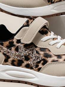 1 Pair Kids/Youth Fashionable Leopard Print Colorblock Sequin Decor Non-Slip Casual Sneakers, Suitable For Daily Wear And Sports
